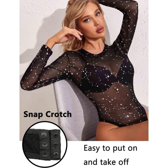 Women's Constellati Bodysuit Black Long Sleeve Bodysuit Round Neck Sheer Leotard - Picture 9 of 9